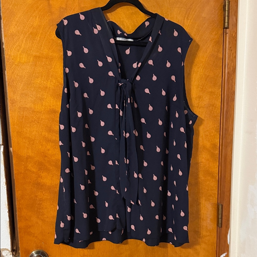 Navy Blue Sleeveless Blouse with Pink Pattern